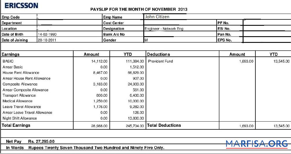 Blank Ericsson networking and telecommunications company paystub real example
